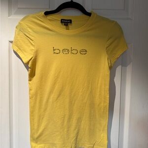 BEBE Yellow Rhinestone Logo Tee